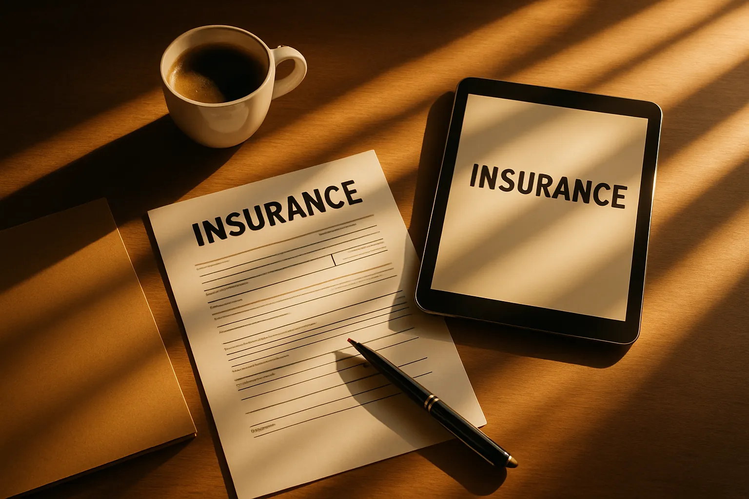 Ein Schreibtisch mit einer Kaffee tasse, Versicherungsdokumenten, einem Stift, einem Tablet und einem braunen Notizbuch. Licht und Schatten.