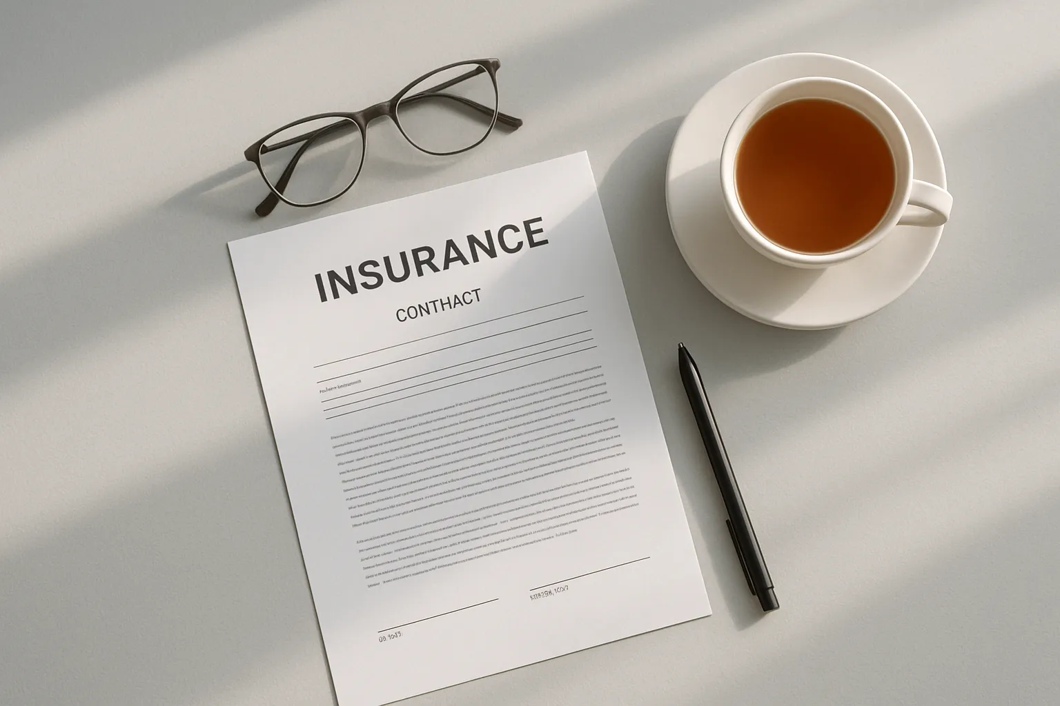 Ein Versicherungskontrakt, eine Brille, ein Stift und eine Tasse Tee auf einem weißen Tisch. Alles liegt ordentlich.