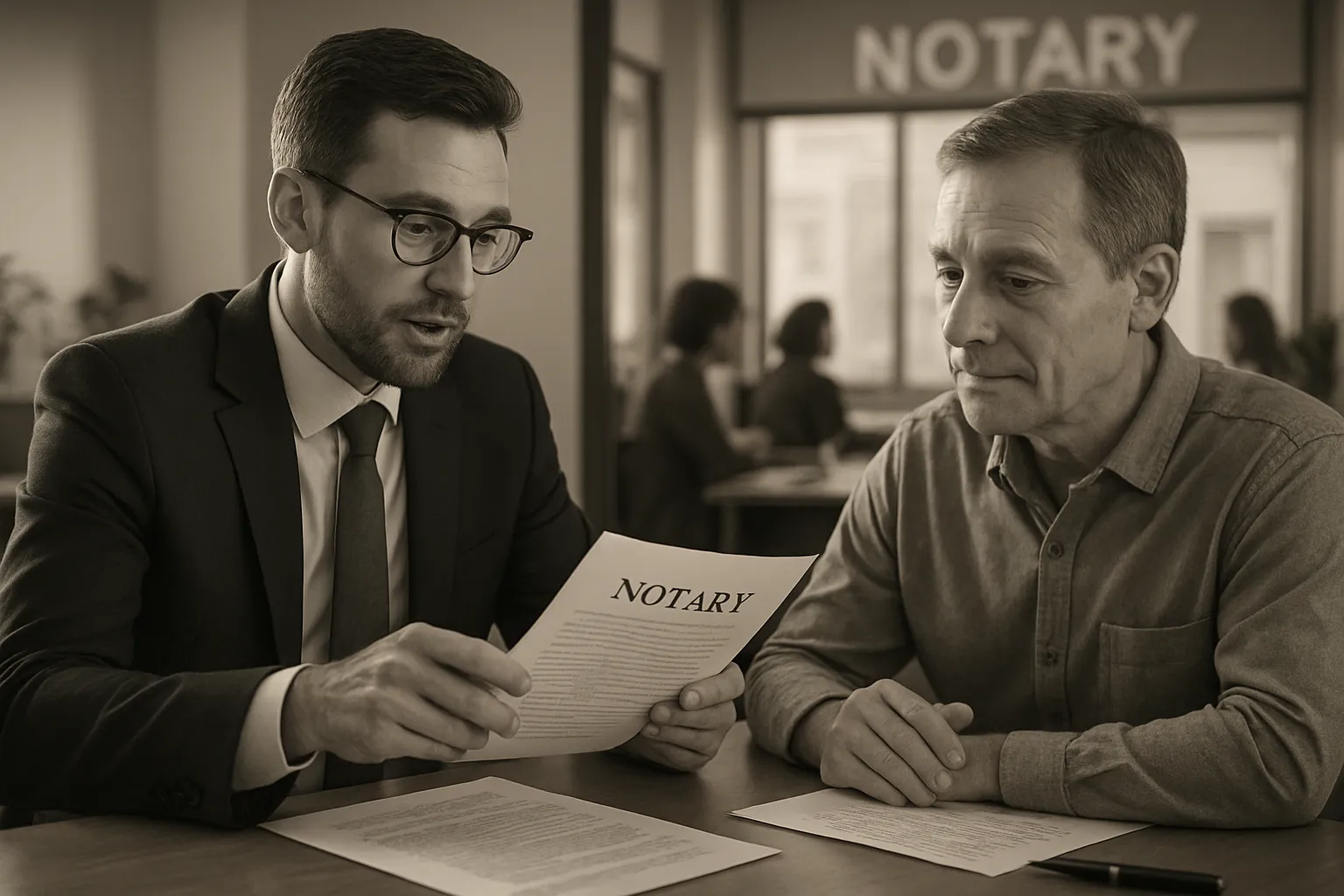 Zwei Männer bei einem Notartermin im Büro. Der Mann links liest ein Dokument, beide schauen ernst. Im Hintergrund steht ein Schild mit „NOTARY“.