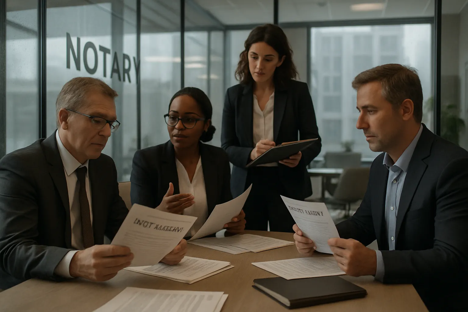 Vier Personen bei einem Meeting in einem Büro, zwei Männer und zwei Frauen. Sie sitzen am Tisch, lesen Unterlagen, eine Dame macht Notizen.