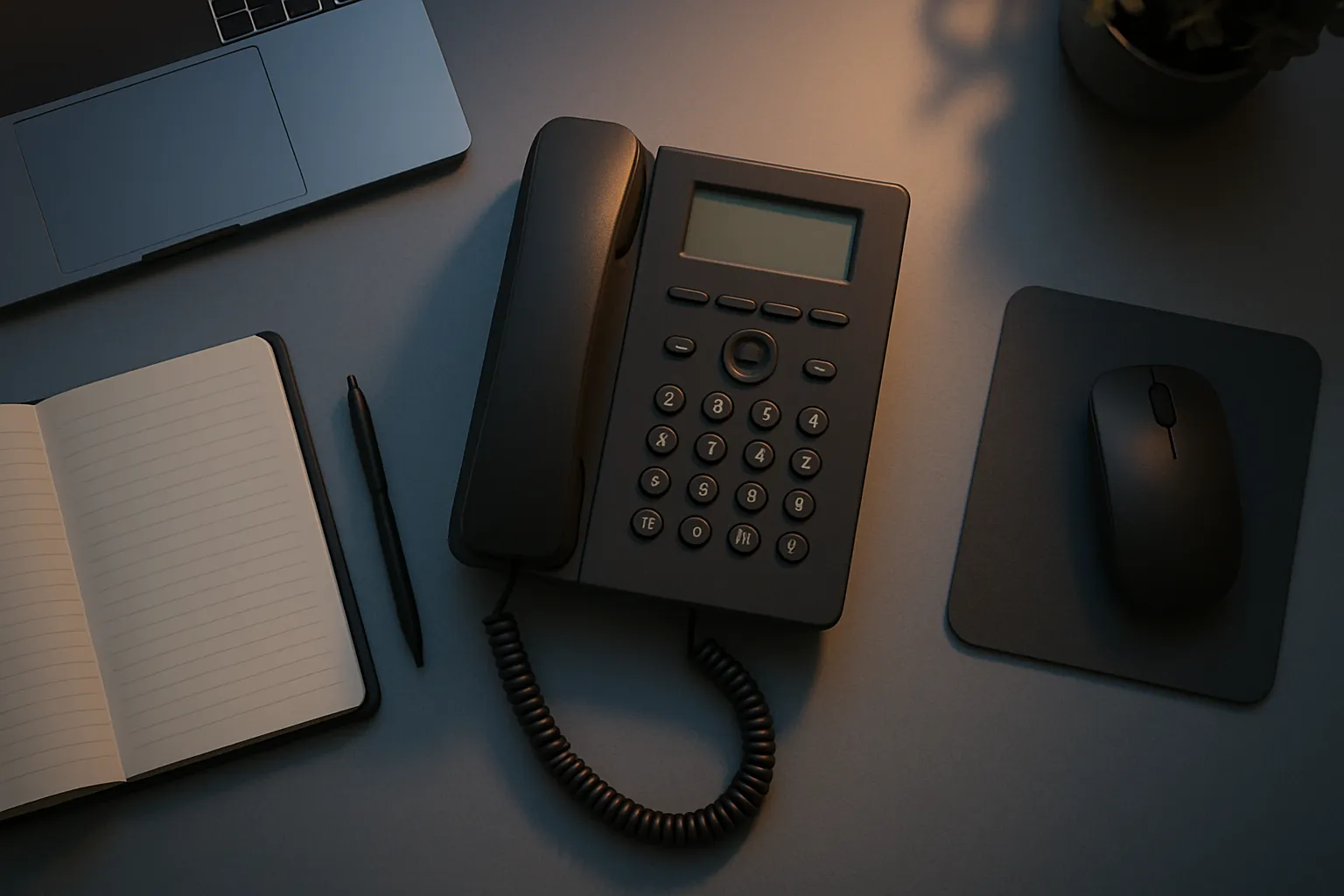 Ein Schreibtisch mit einem offenen Notizbuch, einem Kugelschreiber, einem Telefon, einer Computermaus, einem Laptop und einer Pflanze.