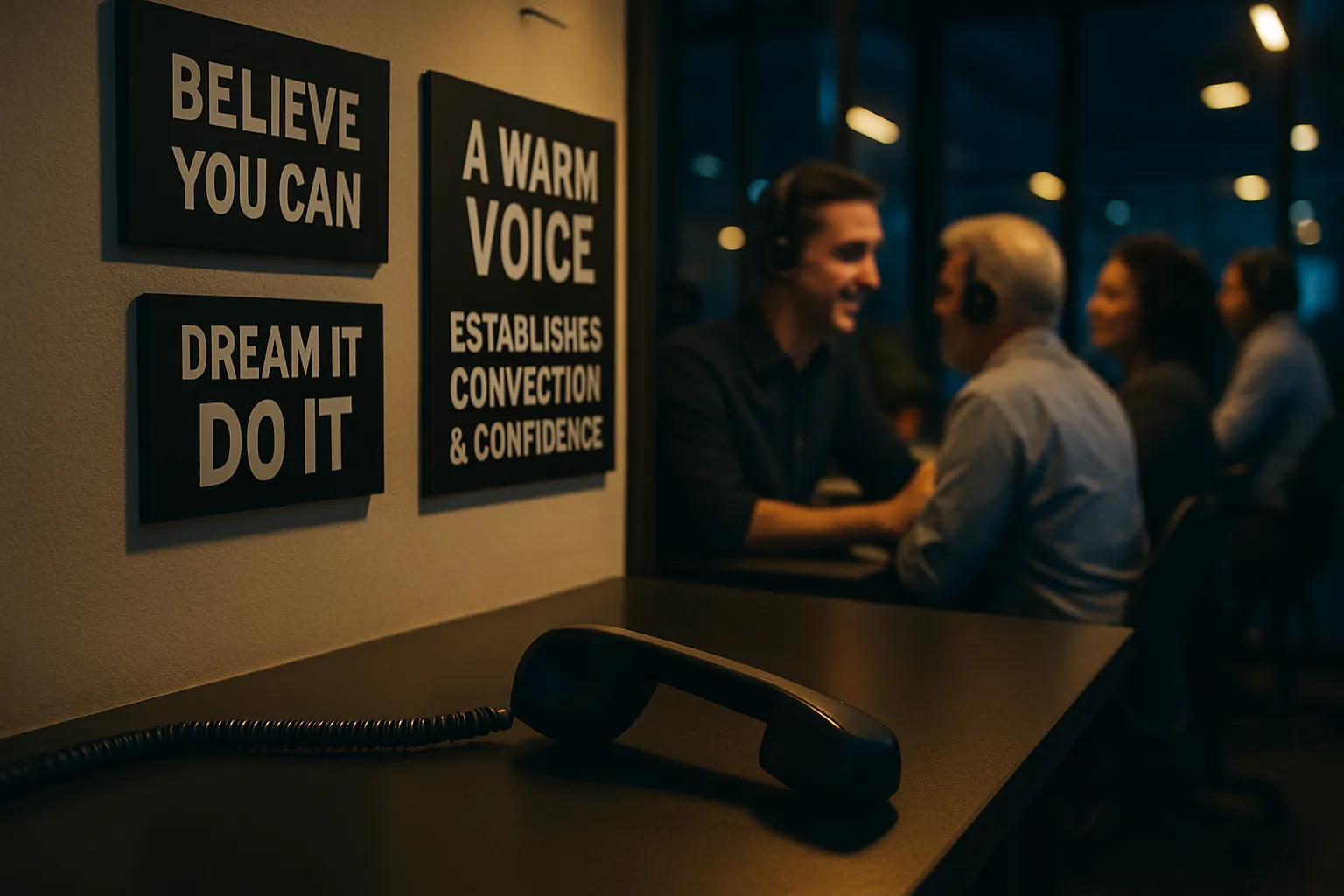 Ein dunkler Büroraum mit Telefon, im Hintergrund Menschen mit Kopfhörern, motivierende Sprüche an der Wand, Abendatmosphäre.