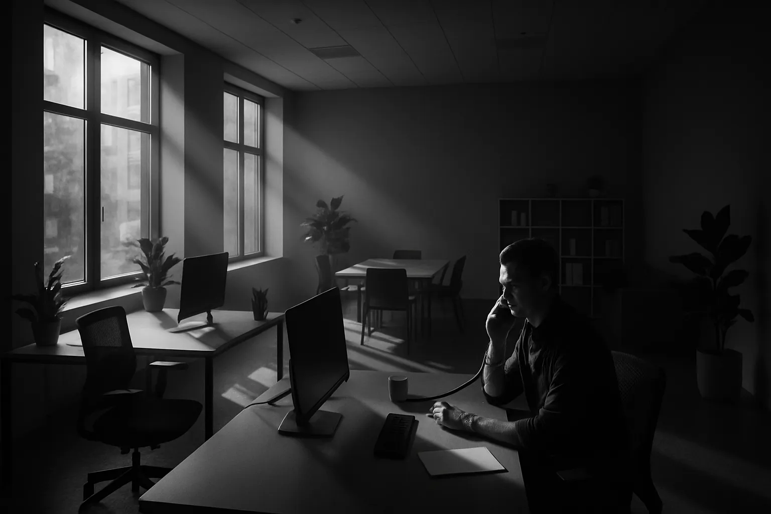 Mann im Büro am Telefon, neben Computer, bei Tageslicht. Schwarz-Weiß, ruhige Arbeitsatmosphäre, Pflanzen und Tische im Hintergrund.