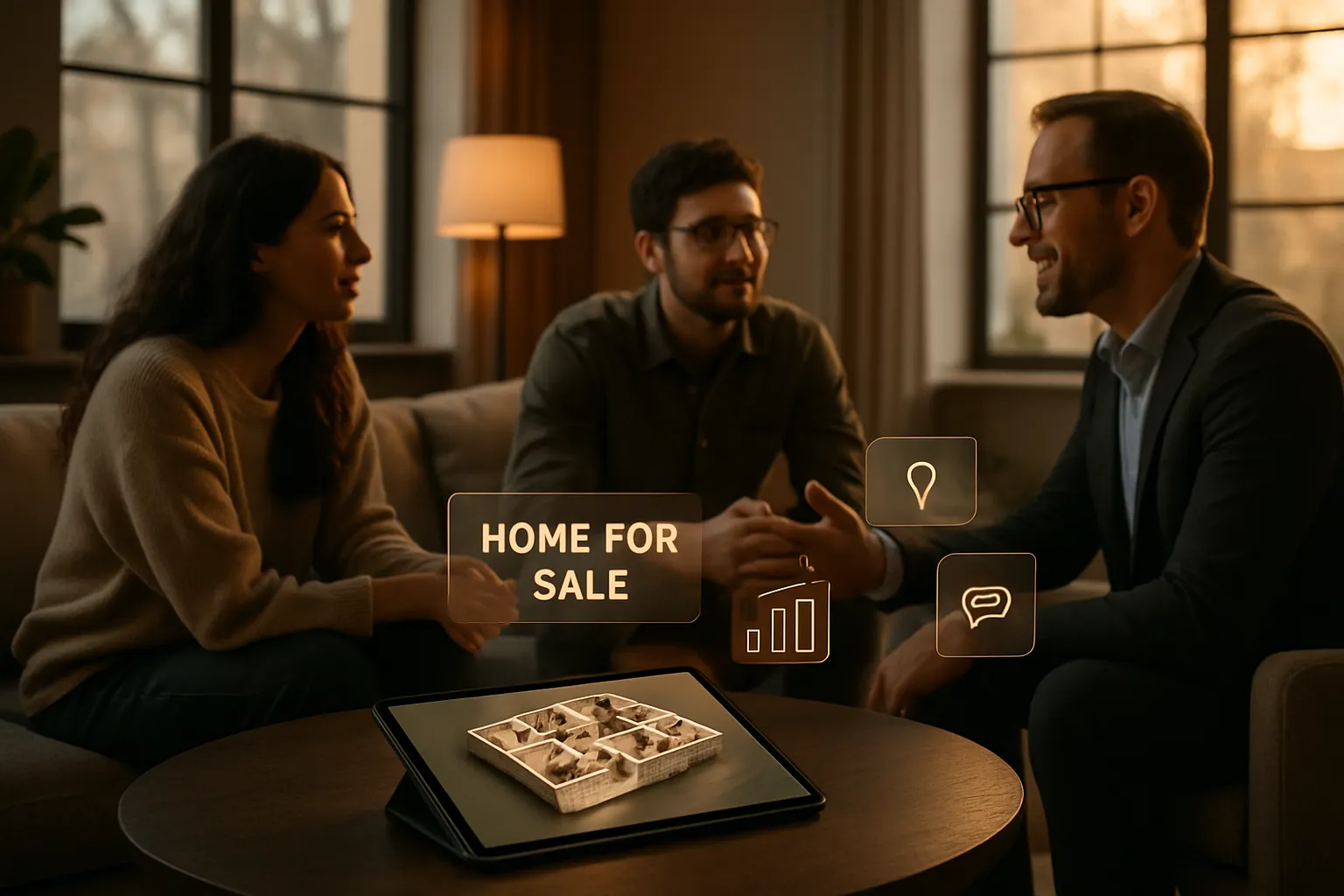 Drei Menschen sprechen im Wohnzimmer mit großen Fenstern. Es gibt eine Tabelle mit Tablett und digitale Symbole, im Licht einer Stehlampe.