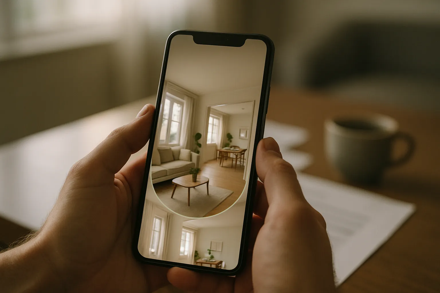 Hand hält Smartphone, zeigt die Kameraansicht eines hellen, gemütlichen Wohnzimmers mit Couch, Tisch, Pflanzen, großen Fenstern.