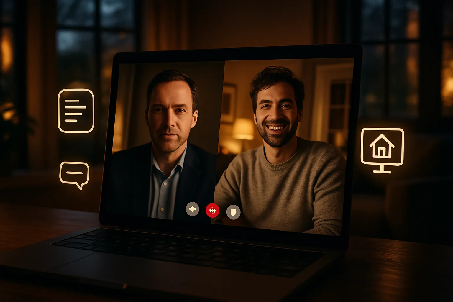 Zwei Männer sprechen per Videoanruf auf einem Laptop in einem dunklen Raum. Links sind Symbole für Chat und Dokumente, rechts für Zuhause.