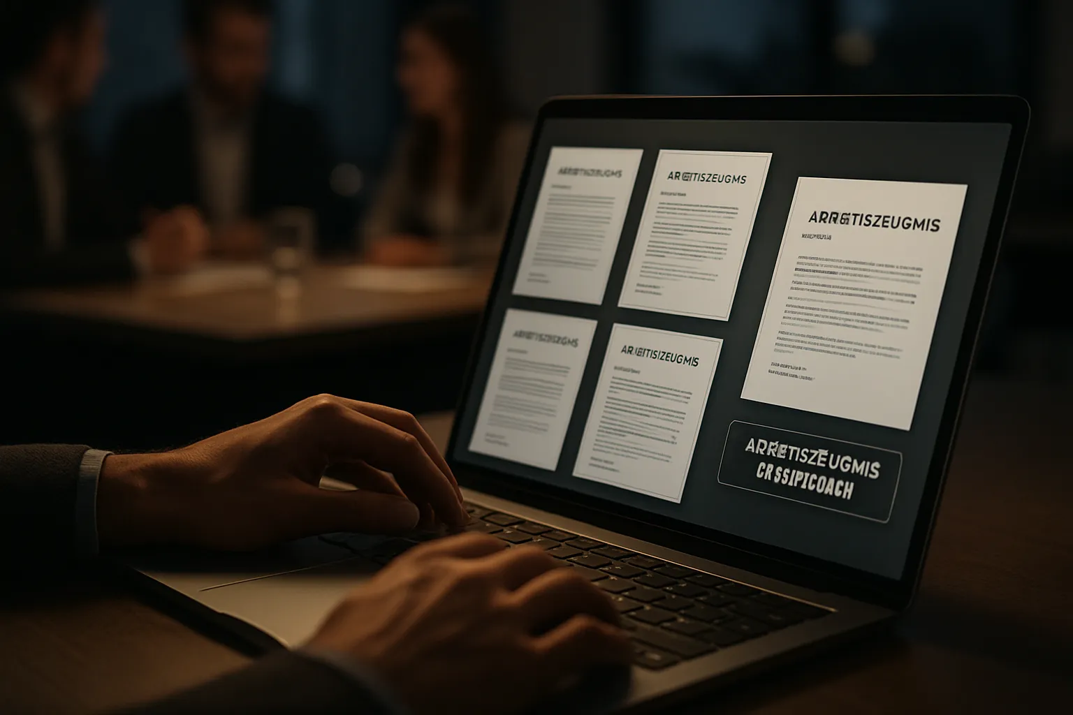 Jemand schaut auf einen Laptop mit mehreren Dokumenten am Bildschirm. Im Hintergrund sind verschwommene Personen bei einer Besprechung.