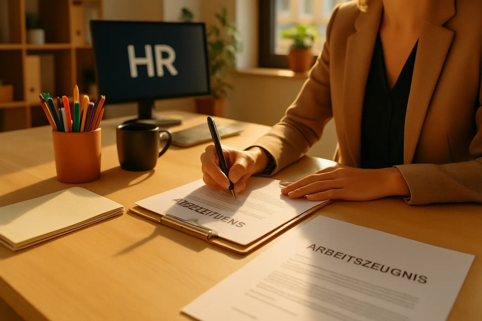Eine Person unterschreibt einen Arbeitsvertrag auf einem Schreibtisch. Im Hintergrund ein Bildschirm mit HR, Büro, Stifte, Papier und Kaffee.