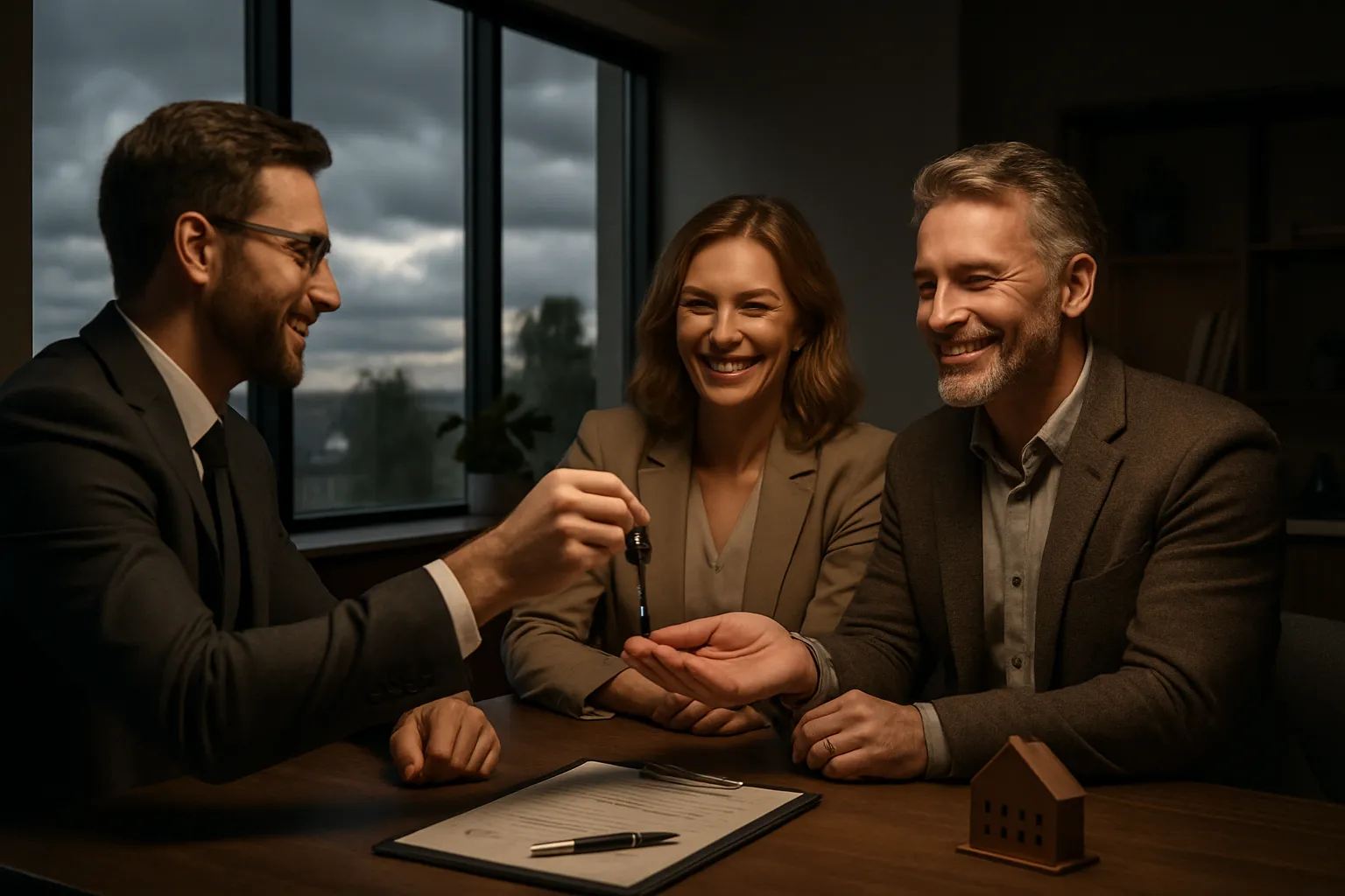 Drei Menschen bei einem Treffen im Büro, lachen und übergeben einen Haus-Schlüssel, beim Vertragsabschluss. Es ist Tag, draußen sind Wolken.