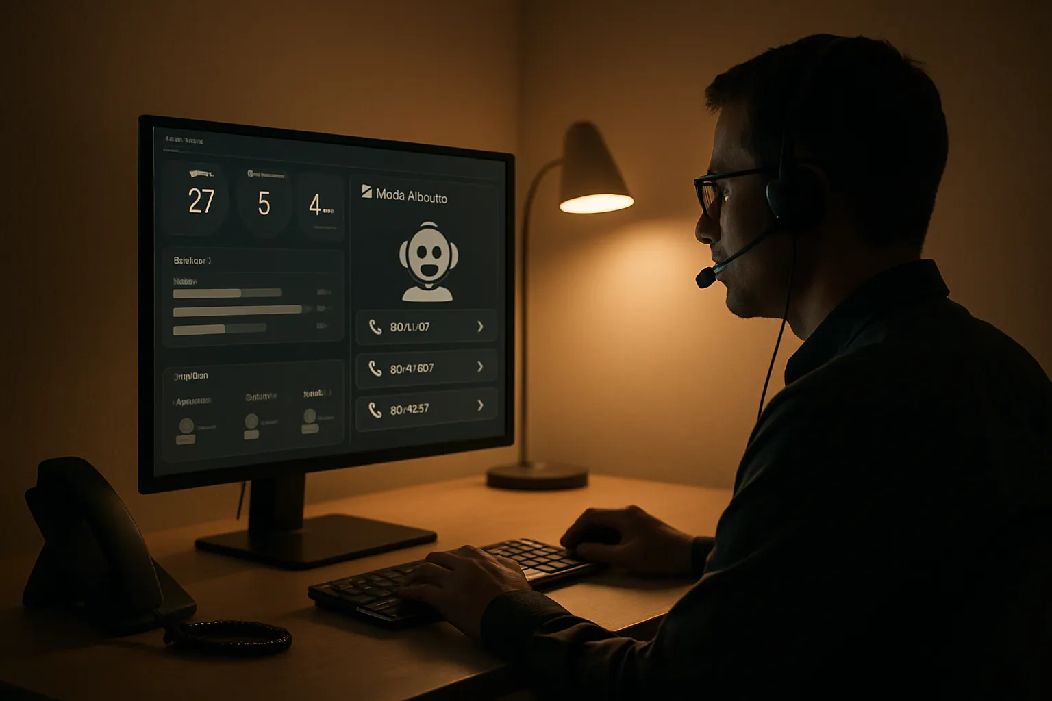 Ein Mann arbeitet bei Nacht am Computer mit Headset. Er tippt auf Tastatur, zeigt eine dunkle Arbeitsumgebung.