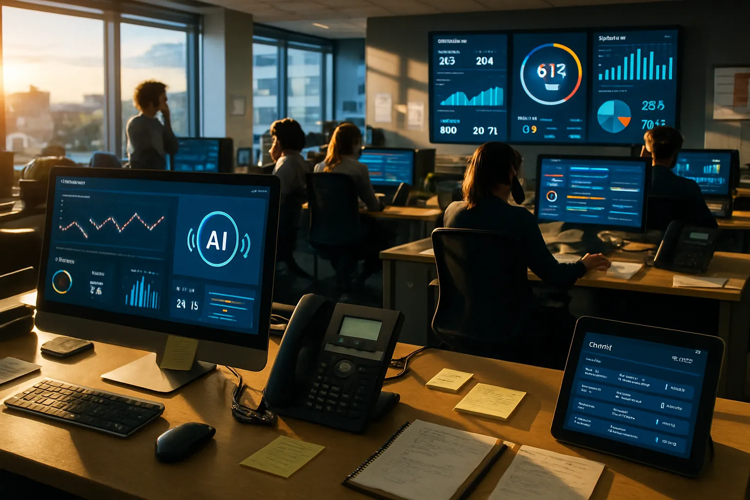 Büro mit mehreren Menschen, die an Computern arbeiten. Große Bildschirme zeigen Daten, Grafiken und technologische Informationen. Sonnenlicht.