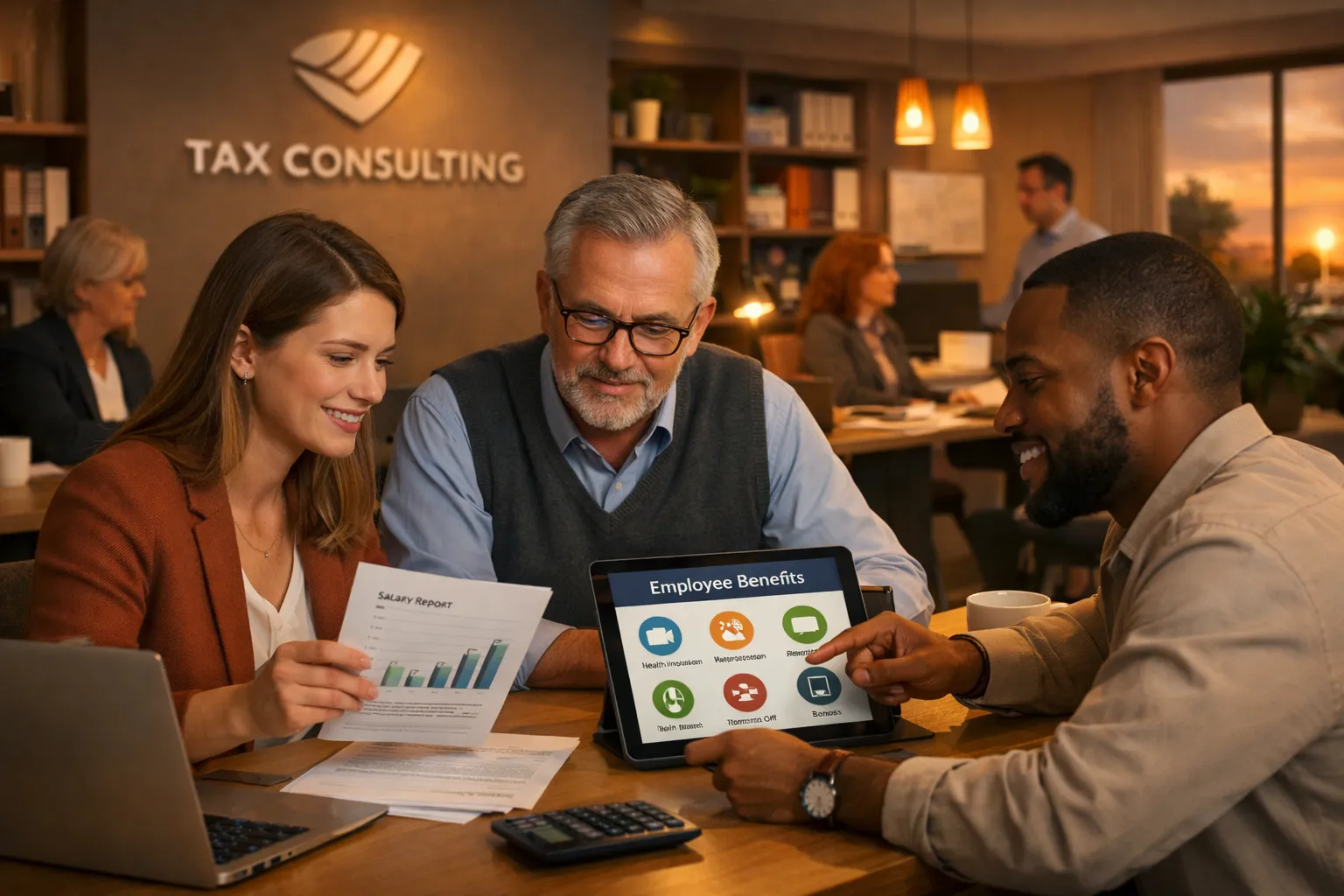 Drei Menschen im Büro bei einer Besprechung. Sie lachen, schauen auf ein Tablet mit "Employee Benefits" und haben Papiere und Laptop vor sich.