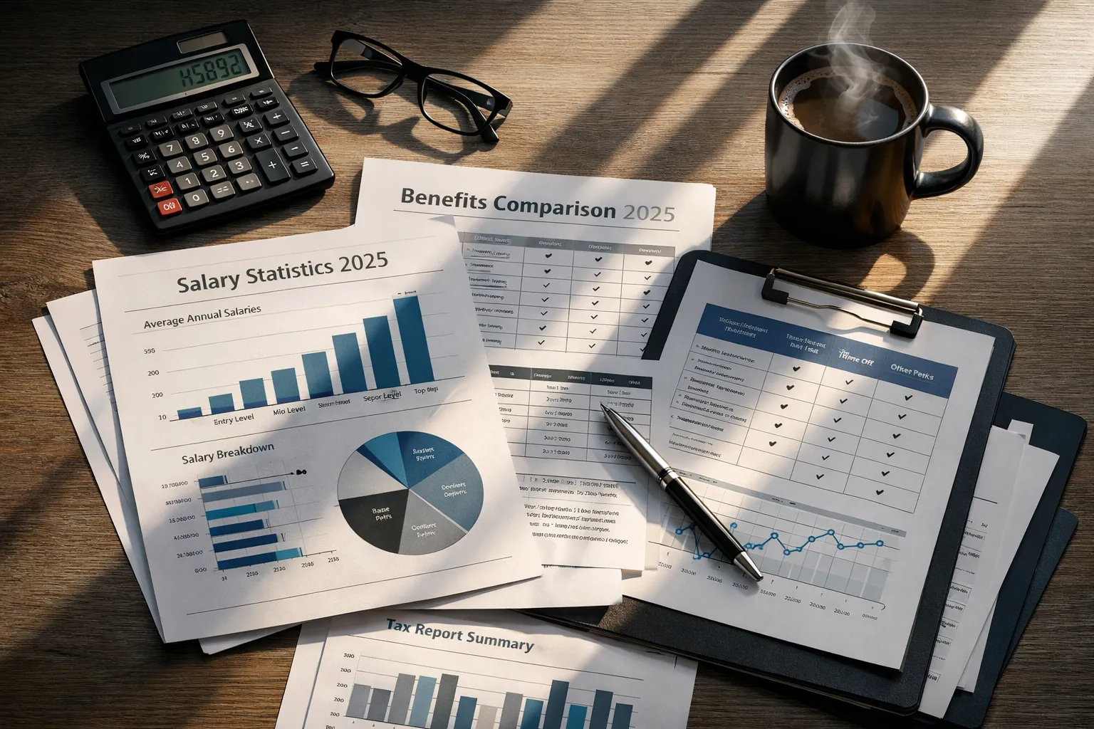 Bürotisch mit Berichten, Papier, Taschenrechner, Brille, Stift, Kaffee. Dokumente zeigen Gehalts- und Benefits-Vergleich, Statistiken.