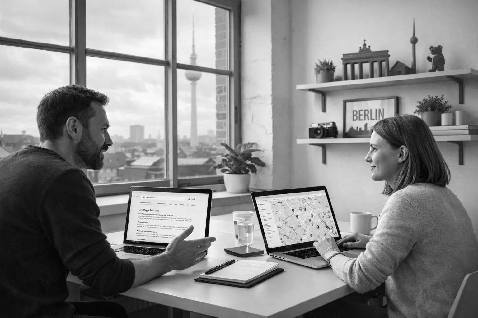 Zwei Menschen sitzen bei der Arbeit in einem Büro. Sie reden, haben Laptops vor sich, und im Hintergrund sind Fenster mit Stadtblick.
