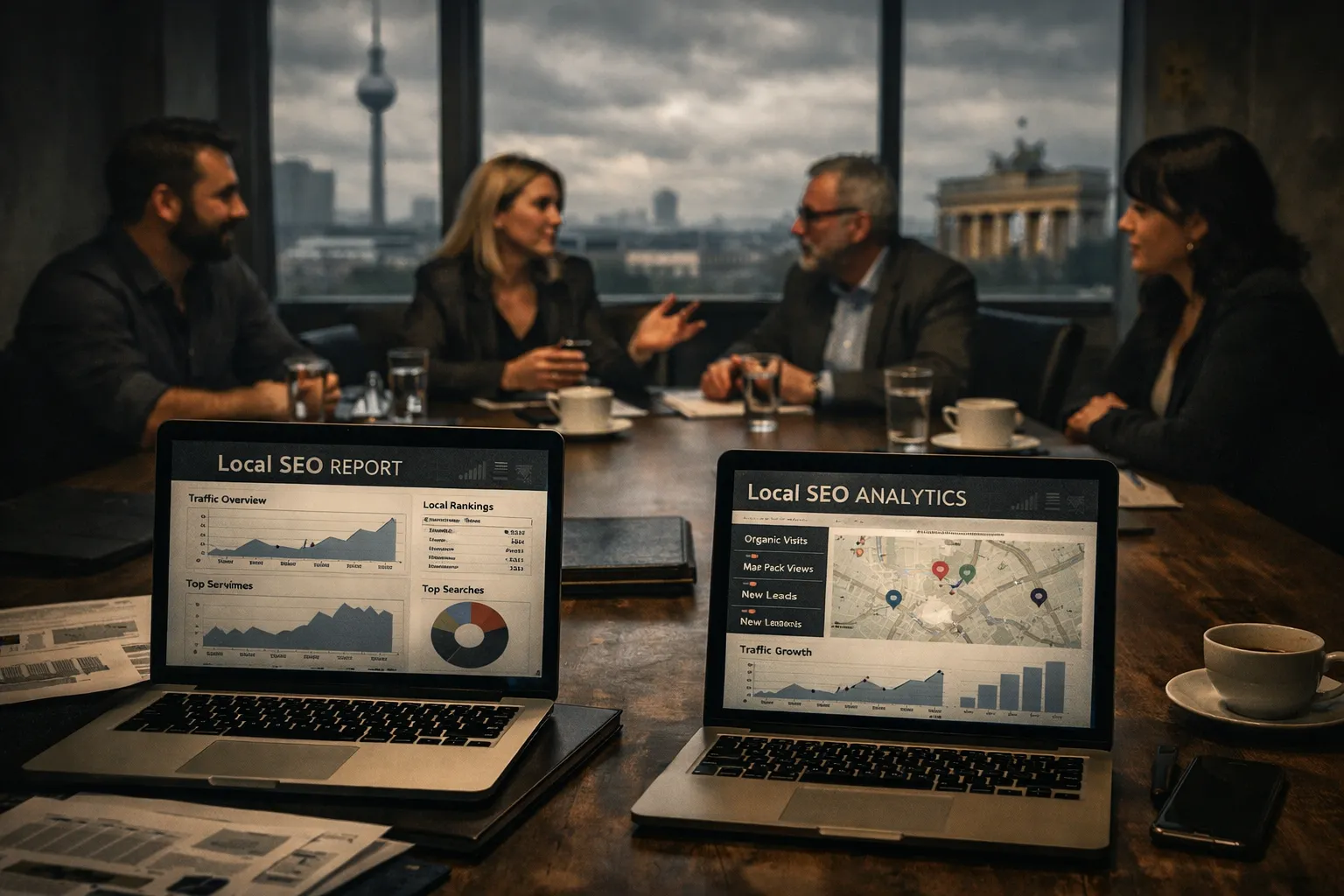 Vier Menschen diskutieren in einem Büro. Auf dem Tisch liegen Laptops mit Analysedaten, Kaffee und Unterlagen. Blick auf Berliner Stadtansicht.