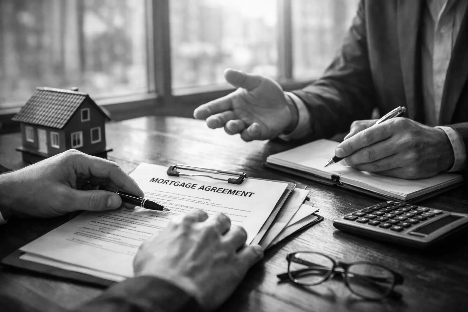 Zwei Menschen im Gespräch, einer übergibt einen Vertrag für eine Hypothek. Auf dem Tisch liegen eine Brille, ein Taschenrechner und ein kleines Hausmodell.