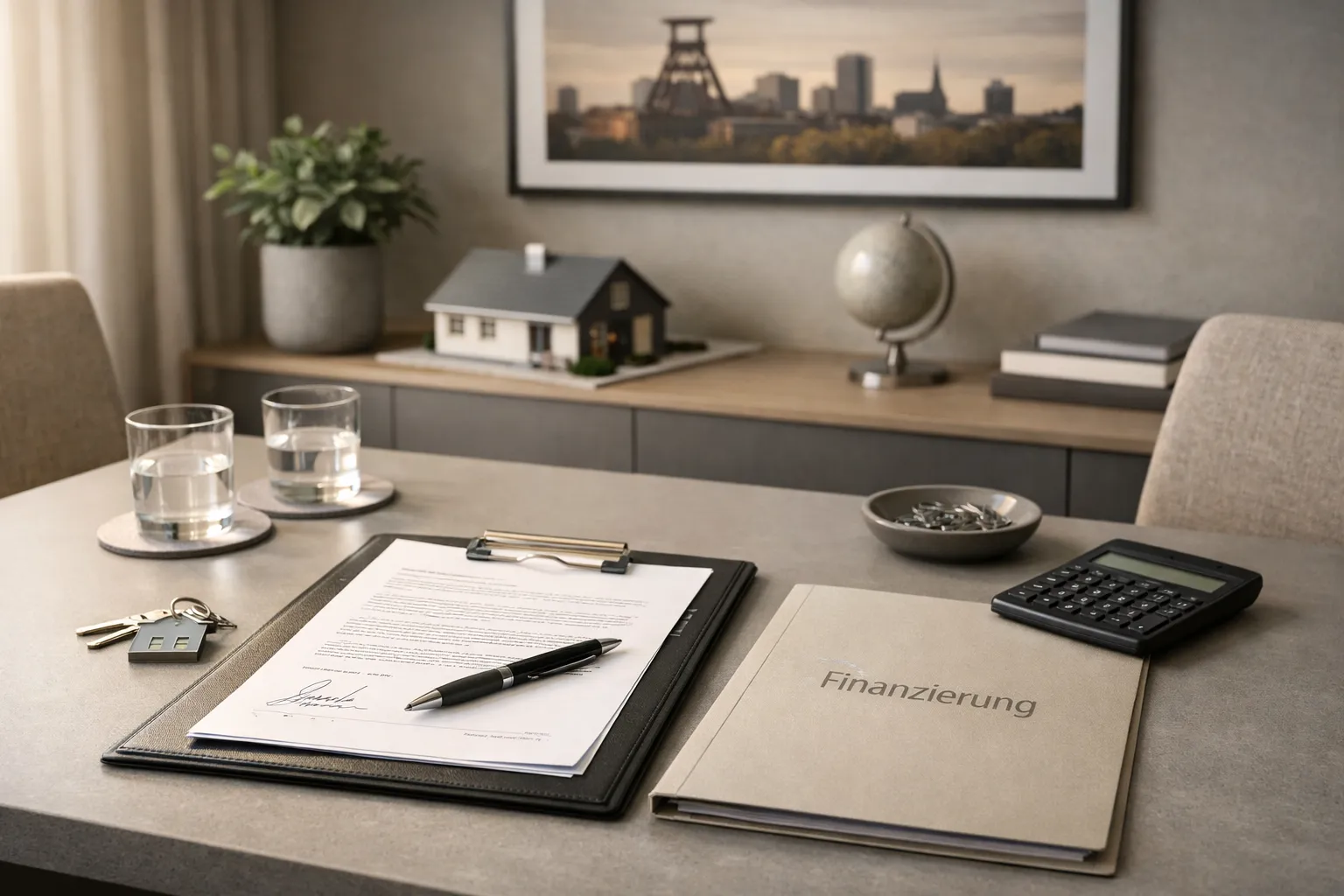 Ein Büro mit Akten, Stift, Vertrag, Schlüssel, Taschenrechner, Glas Wasser, Modellhaus und Deko auf einem Tisch. Hintergrund hängt ein Bild.