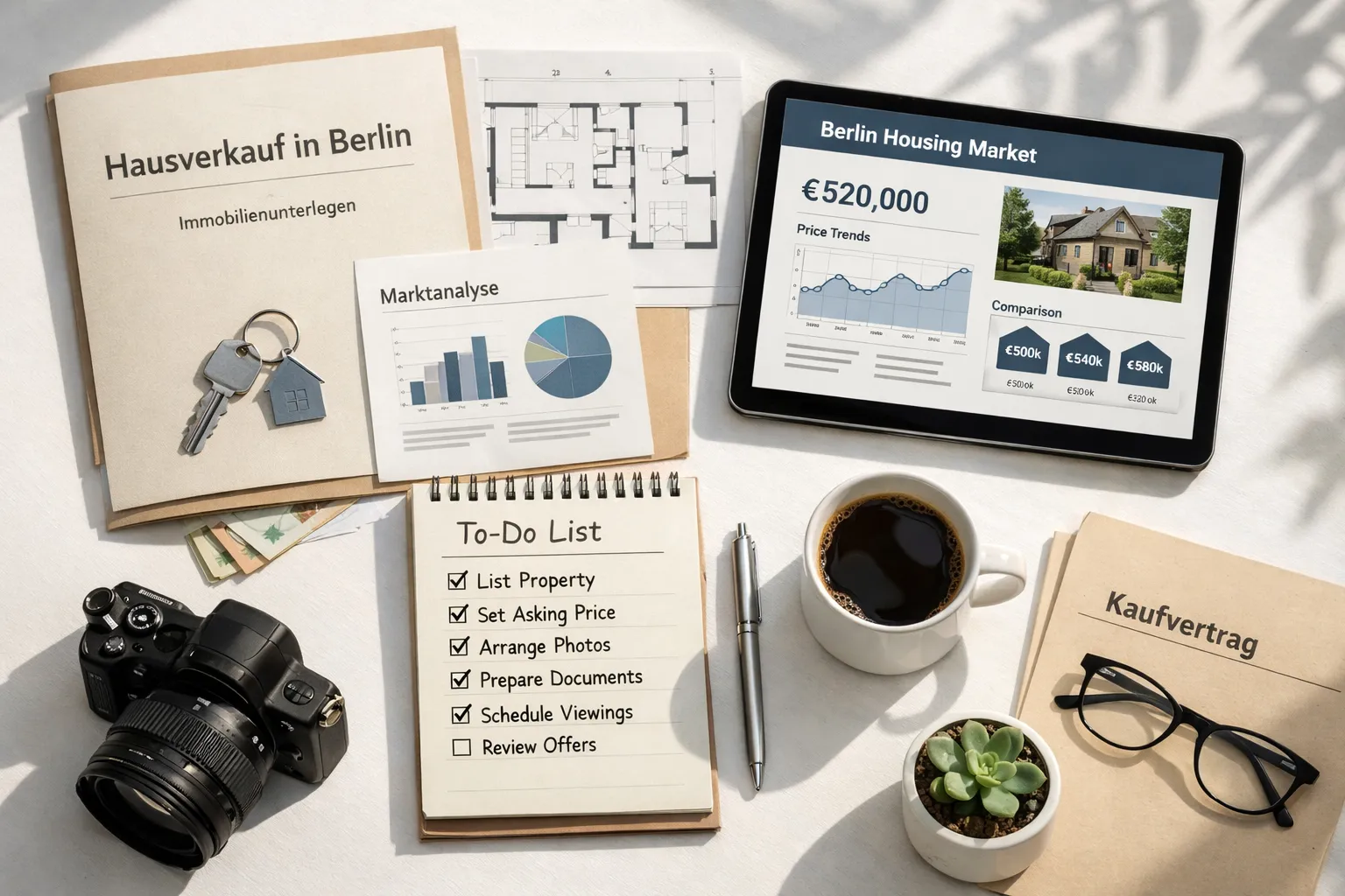 Verschiedene Unterlagen und Geräte wie Kamera, Tablet, Notizbuch, Schlüssel, Kaffee und Pflanzen liegen auf einem weißen Tisch.