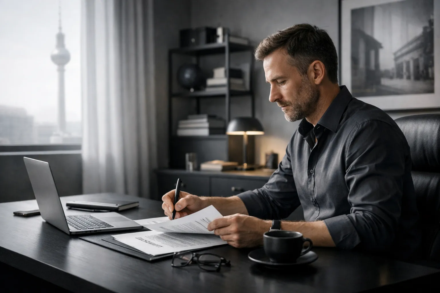 Ein Mann arbeitet an seinem Schreibtisch im Büro, liest einen Vertrag, neben Laptop, Brille und eine Kaffeetasse.