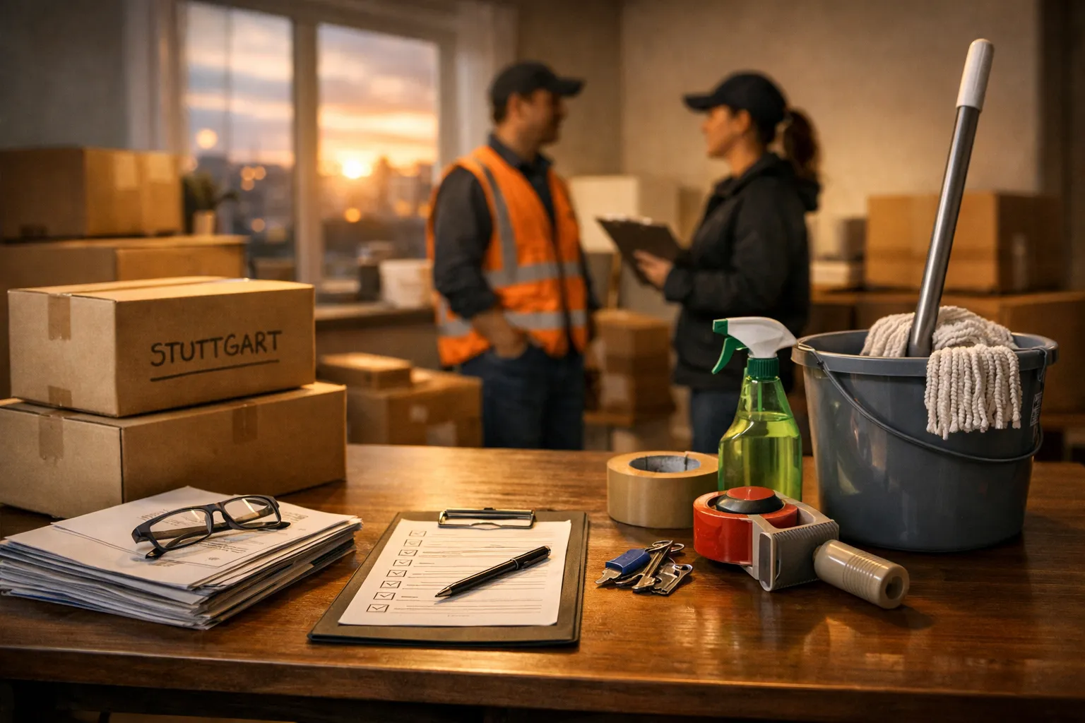 Auf einem Arbeitstisch liegen Akten, Brille, Malerwerkzeug und Reinigungsmittel. Im Hintergrund sprechen sich zwei Mitarbeiter in einer Lagerhalle.