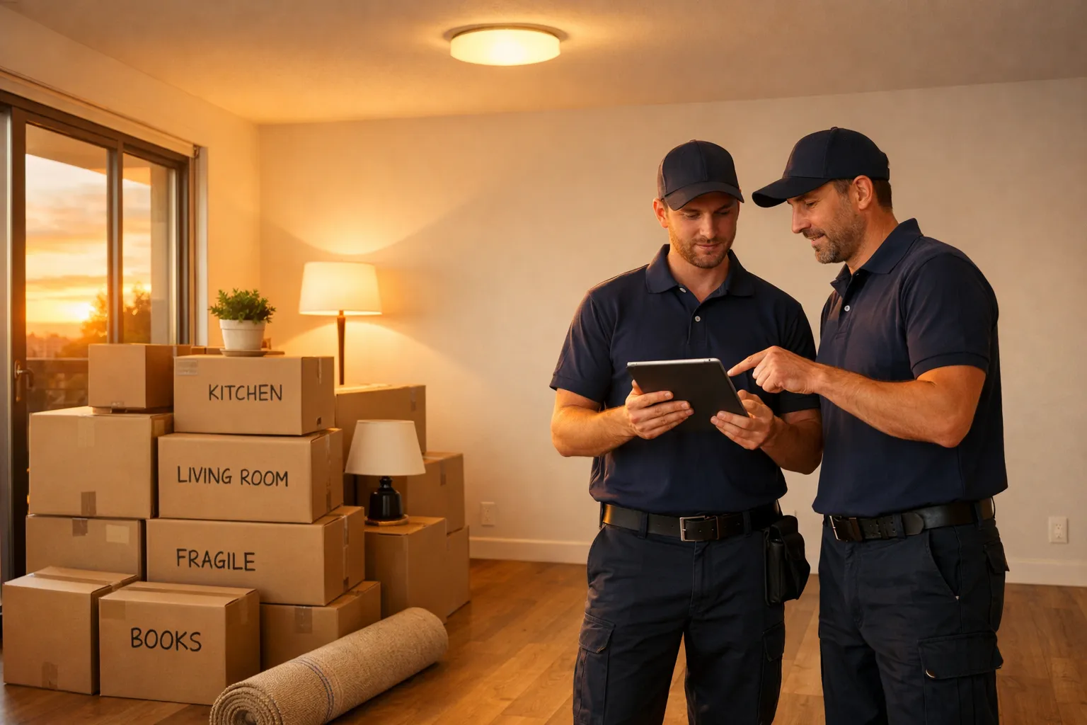 Zwei Männer in dunkler Kleidung und Mützen schauen auf ein Tablet. Im Hintergrund sind Kartons, eine Lampe und eine Sonnenuntergangs-Balkontür.