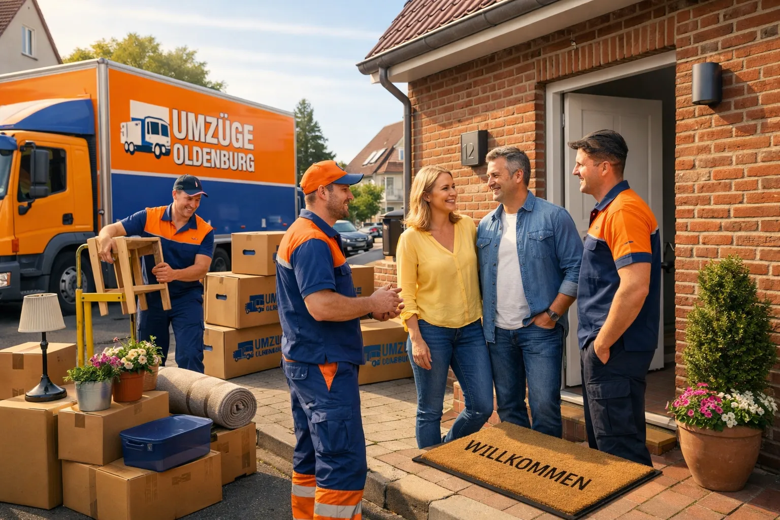 Eine Umzugsfirma begrüßt ein Paar vor der Haustür, es regnet nicht, und die Mitarbeiter tragen orange-blauen Uniformen.
