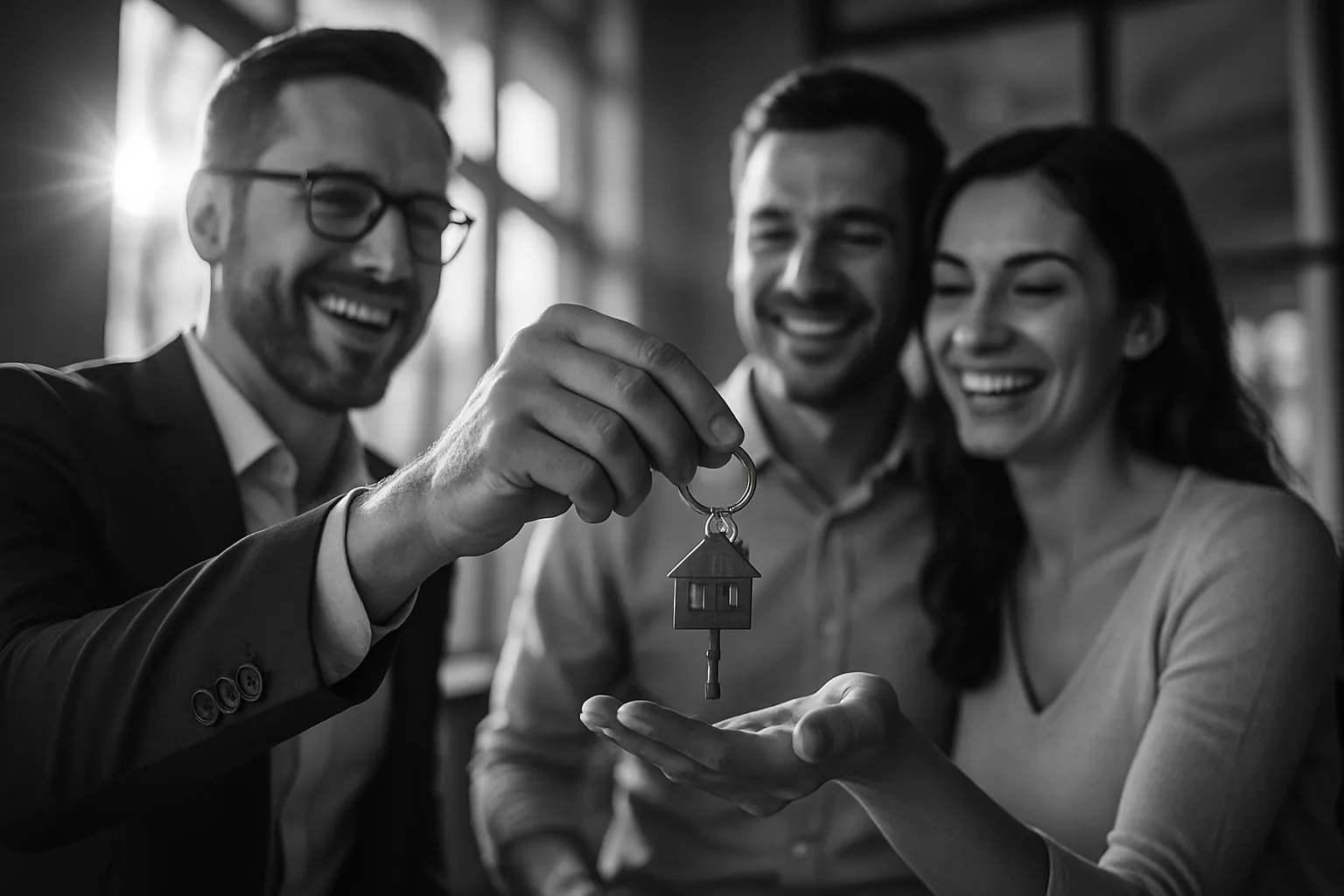 Drei lachende Menschen in einem Raum, einer zeigt einen Hausschlüssel mit einem Hausanhänger, sie feiern einen Immobilienkauf.