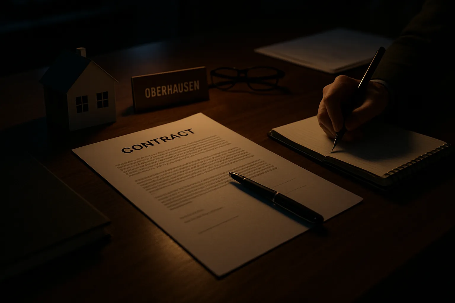 Ein Hand schreibt auf einem Notizblock. Auf dem Tisch liegen ein Vertrag, ein Stift, eine Hausfigur und eine Namensschild mit "Oberhausen".