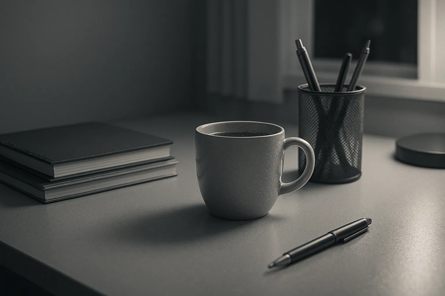 Schwarzer Becher mit Kaffee, Stift, schwarze Notizbücher, Stifte in einem schwarzen Körbchen auf einem Schreibtisch bei Tageslicht.