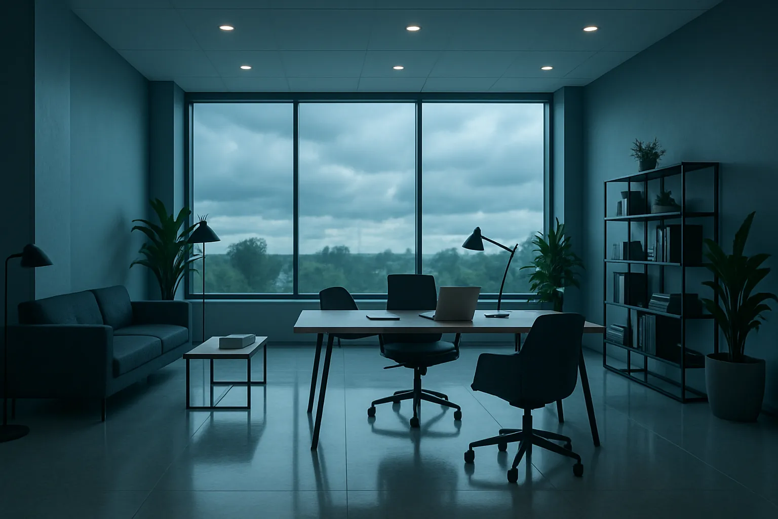 Ein modernes Büro mit Schreibtisch, Stühlen, Sofa, Pflanzen, Bücherregal und große Fenster mit Blick auf Wolken und Bäume draußen.