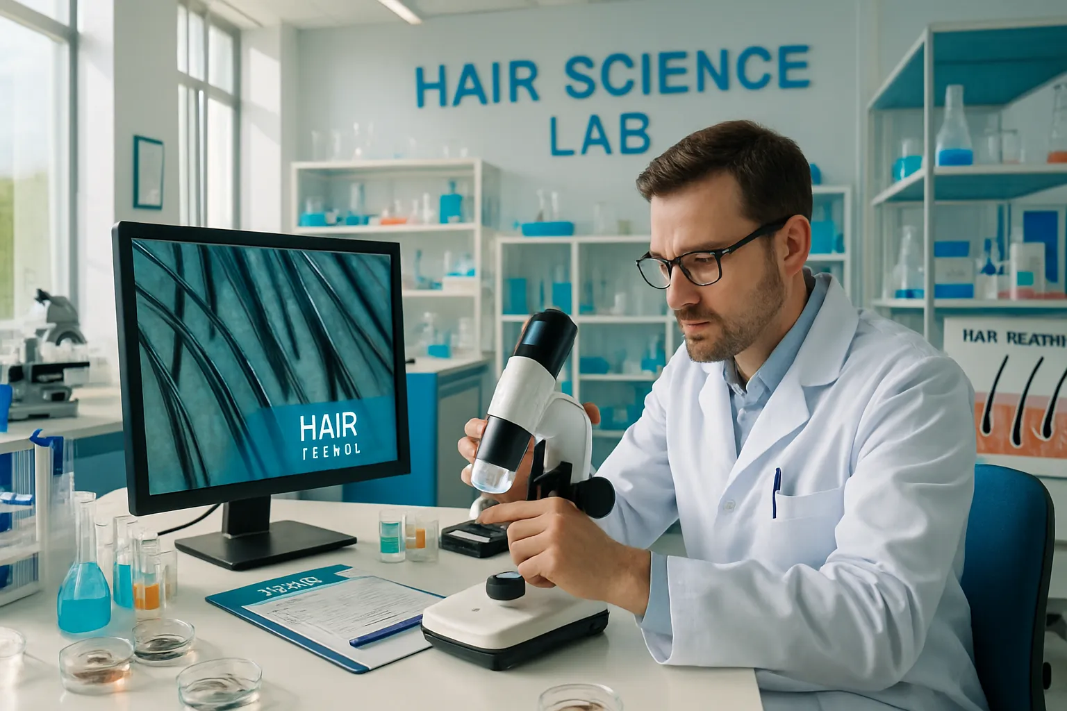 Ein Forscher schaut durch ein Mikroskop in einem Labor mit "Hair Science Lab" im Hintergrund. Er trägt einen weißen Kittel und trägt eine Brille.