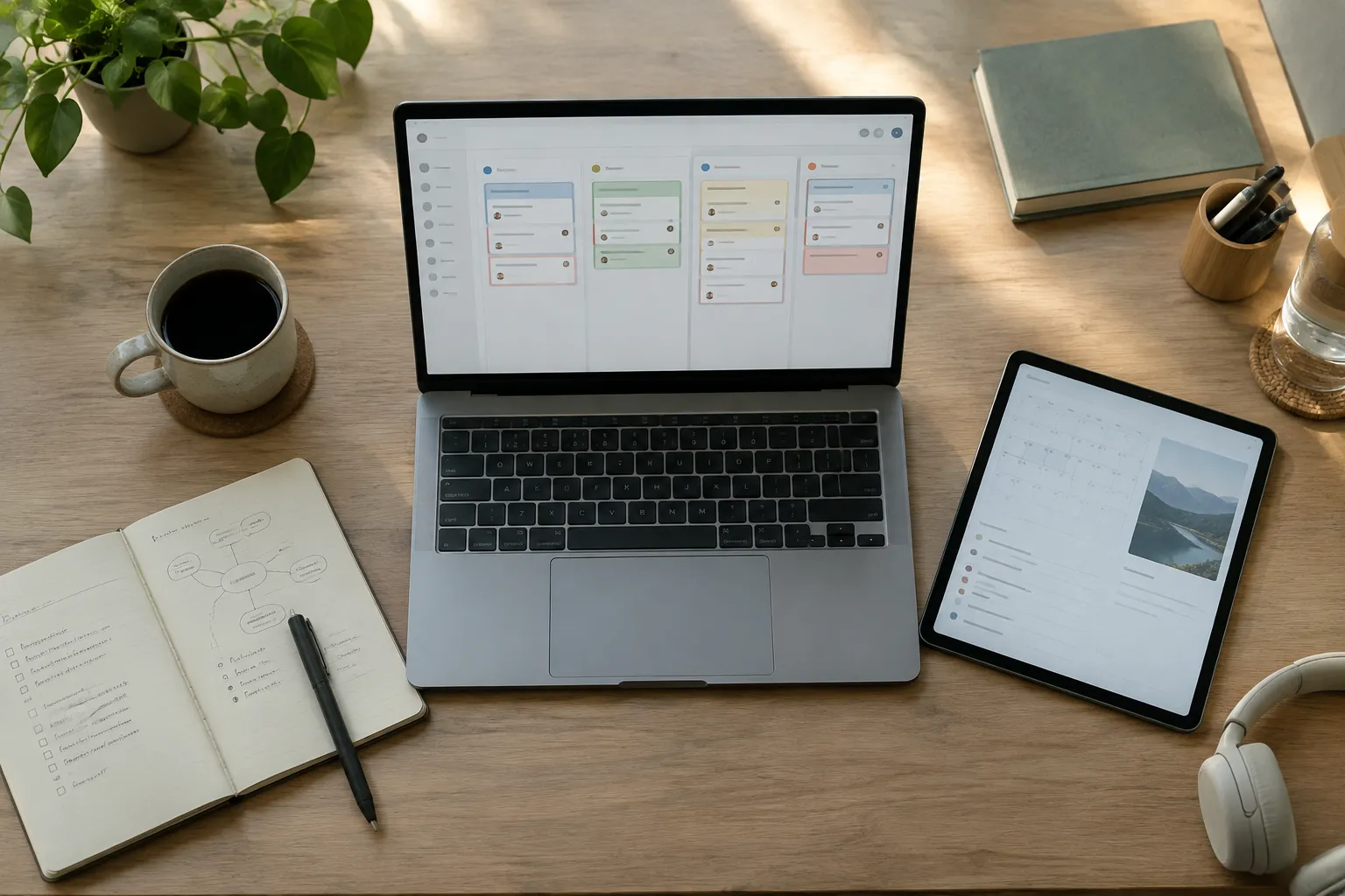 Auf einem Holztisch stehen Laptop und Tablet mit digitalen Planungsübersichten; daneben liegen Notizbuch, Kaffee, Pflanze und Kopfhörer.
